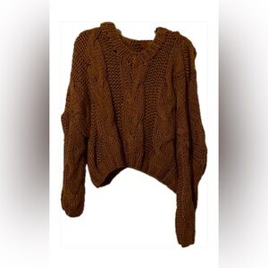 POL Brown V-Neck Chunky Knit Hooded Sweater, Comfy, Boho,Slightly Cropped, Small